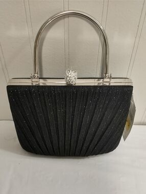 D'margeaux Black Sparkle Pleated Top Handle Evening Clutch Bag Silver Hardware